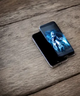 Demonic ghost climbing out of a cellphone on a table