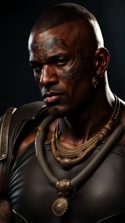 portrait of a 35 year old Handsome muscular mercenary with dark bronze skin adorned with tattoos. photorealistic