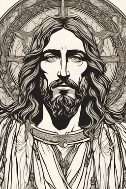 jesus portrait| centered | symmetrical | key visual | intricate | highly detailed | iconic | precise lineart | vibrant | comprehensive cinematic | alphonse mucha style illustration | very high resolution | sharp focus | poster | no watermarks, plain background