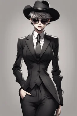 manga, anime, drawing, art, cartoon, perfect body, perfect hands, perfect face, perfect eyes, perfect arms, perfect cowboy hat, mafia woman, female mafia,, short hair pixie cut shaved side, black suit and tie, sunglasses, badass, cool, attractive