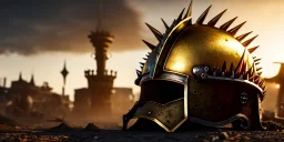 apocalypse, chaotic, magnificent, realistic, colorful, massive, epic, ray tracing, cinematic, 8k, HD, Ultra High Definition, photo film, film grain, hyper-detailed, old tarnished ornate rusty Hyper detailed Gold Medieval spiked Knight helmet on ground with glass visor