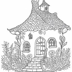 A fairy house Honeybee Cottage, coloring page, exact shape, real image, minimal lines, white back ground color, real style, realistic, minimalistic, minimal black line art, line art, crisp line art, unique coloring sheet, outlined, outline, crisp, crisp line edges, illustration, thin lines, crisp clear lines, line art, clean line art, unique, 8k, no colors, no dark color, no black color, avoid thick black, minimalistic line edges, white back ground,