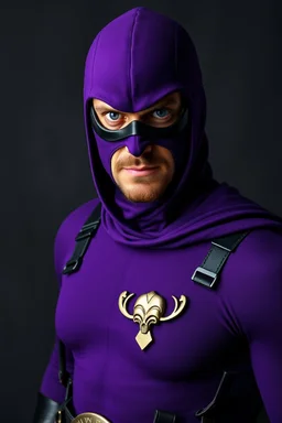 The Phantom - full-length, A Real-life portrait of a photorealistic man with piercing blue eyes, a chiseled jaw, goatee, timeless face, stern expression, Wearing a tight fitting purple cotton hero suit with a cowl that fits tight to his head, but does not cover his face, he wears a thin, black leather, bandit eye disguise over his eyes, black and blue diagonally striped trunks, dual-holstered pistol belt adorned with a triangle skull-shaped buckle with leg straps, Knee-high black leather boots