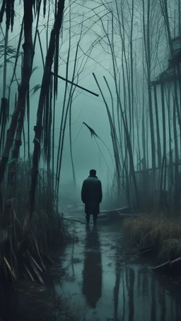 A swamp surrounded by bamboos long trees in cloudy, depressing, foggy, with a dim of light in the distance , on the side an abandoned old house covered with leaves. A back view close look at very tall skinny man in black turn his head to you with open eyes and mouth