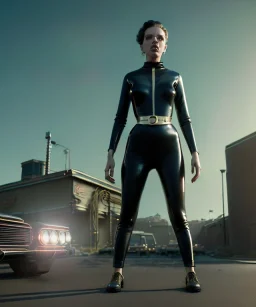 retro sci-fi portrait image from 1960, supermarket parking explosion, young Scarlett Johansson, classic black tight lycra latex suit, gold bracelet and belt, soft color, highly detailed, unreal engine 5, ray tracing, RTX, lumen lighting, ultra detail, volumetric lighting, 3d, finely drawn, high definition, high resolution.