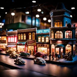 Close-up photograph of a diorama building, city, store, advertising, land-of-toys with detailed vintage toys made of cake-frosting and felt, strong texture, extreme detailed, movie shot, rich moody colors, sparkles, night, nightmare