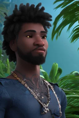 3D render of a cyberpunk tribal young black man, black hair and goatee, on a dark blue jungle background, digital art