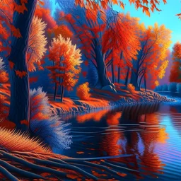 Animated drawing of a hyper-detailed hyper-realistic wolf river trees complementary colors autumn 4k