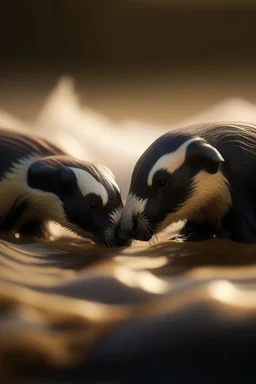 macro photo of badgers kissing over waves ,shot on Hasselblad h6d-400c, zeiss prime lens, bokeh like f/0.8, tilt-shift lens 8k, high detail, smooth render, down-light, unreal engine, prize winning