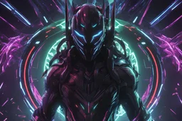 Machine with RGB cyber mask in 8k solo leveling shadow artstyle, Crystal and Symbiote them, neon effect , magic circle, close picture, full body, apocalypse, intricate details, highly detailed, high details, detailed portrait, masterpiece,ultra detailed, ultra quality