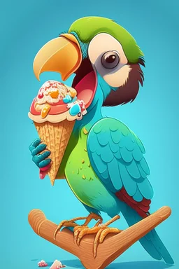 Cartoon parrot eating ice cream