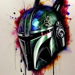 photorealistic the mandalorian helmet with multicolor painting, illustration by <agnes cecile> <Yoji Shinkawa>, ornate and intricate details , soft smooth lighting, concept art, black satin background,