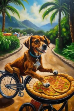 oil painting with a dog biking with a pizza hawaii