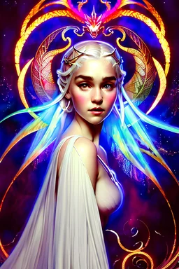 art by Alfons Mucha, stained glass motif, whole body image of beautiful Emilia Clark as Daenerys Targaryen in a mystical enchanted forest standing next to a dragon, HD 4K, sharp detail, photo-realistic accurate face and features, cinematic lighting, award winning imagery