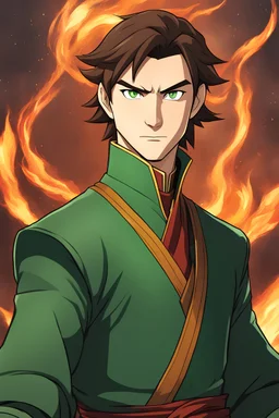 avatar the last airbender character, firebender, male, green eyes, brown hair, formal clothes