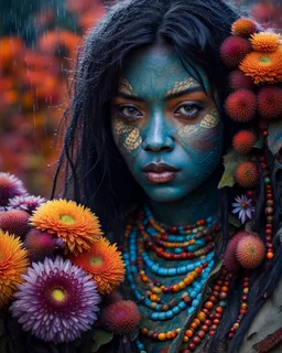 Vibrant autumn foliage in a rain-kissed setting, Ikebana arrangement, Haiku poetry inspiration, Japanese garden elements, autumn asters, Utagawa Hiroshige essence, Isaac Levitan influence, woman with dark skin, tribal markings, mysterious expression, piercing eyes, flowing black hair, colorful beads, layered textiles, bright hues, ornate jewelry, cultural richness, dark, blurred backdrop, GoBi, Наталья И-ва.Mystical character with pale blue scaly skin, icy green eyes, dark eyeliner, cascading da