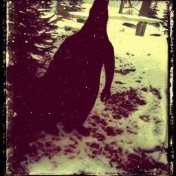 cryptid in the snow polaroid vintage style realistic