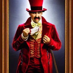 circus ringmaster, garish red coat, 1800s, chiaroscuro lighting , 8k UHD, matte painting, illustration, renaissance, artwork, high-quality, intricate detail, dark circus, night circus, creepy, rocco, greg rutowski, howard lyon, alphonse mucha