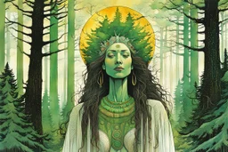 create an abstract expressionist lithograph full body portrait of a pale female tribal druid priestess, with highly detailed, delicate feminine facial features, inhabiting an ethereal Northern forest of ancient hemlocks, in the comic book style of Jean Giraud Moebius, David Hoskins, and Enki Bilal, precisely drawn, boldly inked, with vibrant summer forest colors