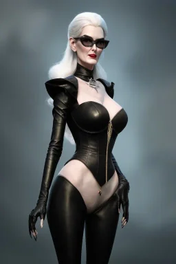 Carmen Dell`orifice as evil queen in black leather, leather, busty, cleavage, angry, stern look. character design by cory loftis, fenghua zhong, ryohei hase, ismail inceoglu and ruan jia. unreal engine 5, artistic lighting, highly detailed, photorealistic, fantasy