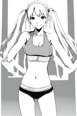 slim girl in bikini with blonde hair and two pigtails, manga style, cool pose, greyscale