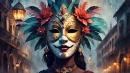 Generate an illustration of a festive carnival venetian antique mask over a low poly vibrant female, ultra detailed 32k , the joyful atmosphere over a misty Venice landmark, steampunk , dark oil antique painting, dark mood, nigh time