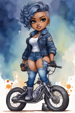 create an watercolor illustration of a chibi cartoon voluptuous black female wearing a blue jean outfit with biker boots. Prominent make up with hazel eyes. Extremely highly detail of a very low platinum blonde pixie haircut. Background of a bike show.
