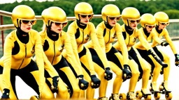 Hyperrealistisch Rollergirls völlig verhüllt von golden glänzendem Ganzkörper-Zentai mit geschlossenem Visier in identischen goldfarbenen, geschlossenen Helmen fahren auf Rollschuhbahn in Formation mit Rollschuhen eine Kurve entlang