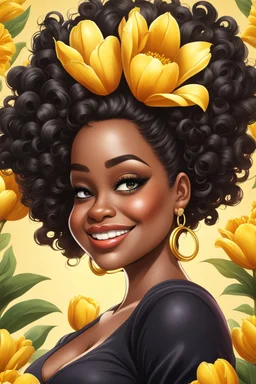 Create a airbrush cartoon art style image of a curvy black female looking down with a smile on her face. Prominent makeup with hazel eyes. Highly detailed messy curly bun with a hair scarf on her head with large yellow tulip flowers surrounding her. 2k