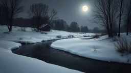 The image shows a serene winter landscape with a moonlit scene featuring a reflective stream amidst snow-covered terrain and bare trees. A small rustic house is seen in the background, partially hidden by trees. A wide, reflective stream runs through the foreground, its surface appearing dark or slightly reddish. Snow covers the ground, creating a smooth, white surface. The atmosphere feels calm and slightly eerie, enhanced by the bright full moon shedding light on the scene. The stark contrast