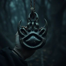 arcane, found footage, unsettling dread. withered monkey paw charm talisman, dull colors exacerbating an atmospheric gloom. gnarly, dark negative space,