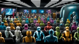 photo from the futuristic waiting room of a studio, a large crowd waits in a giant room. the aliens mutant humans, strange fantastical creatures, droids, and a few human-like beings of all sizes, colors, shaped and looks, stand in the crowd. high detalied, sharp focus, photorealistic, sci-fi style Professional photography, bokeh, natural lighting, canon lens, shot on dslr 64 megapixels , hd