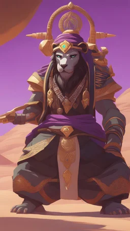 A close picture to Ramattra nemesis form as tank with Arab clothes in overwatch art style with black color and neon purple details in Desert