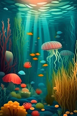 A scene from the bottom of the sea, where there are jellyfish, some fish in harmony, small fish, coral reefs, grass and seashells.