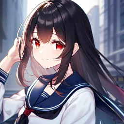 Clear focus, high resolution, black long fluffy hair, red eyes, wearing a sailor uniform, doing a evil smile, Style Daria