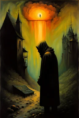 A surreal homeless spiritual wander by Zdzislaw Beksinski, by Dave McKean, by Yves Tanguy, , dark lustrous colors and aesthetic.