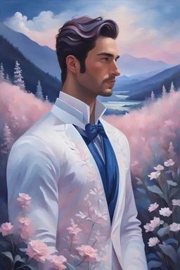 A image resembling a textured oil painting, of a handsome man,white costume, dark blue shirt, portraying a tranquil landscape with a three-dimensional effect achieved through raised oil paint textures on certain elements.The image features a soft, dreamlike pastel color palette with hues of pink, blue, and lavender. In the detailed foreground, floral elements in shades of pink, white, and green exhibit a pronounced raised texture, adding a tactile, 3D appearance.