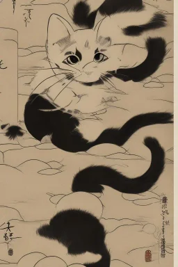 cat, ukiyo-e, highly detailed, black and white