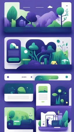 illustrations with a simple art style that show webiste's home page use dark blue-purple and bright green