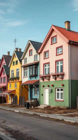 Fotografia di strada random assurda e falsa orripilante Moldavia Transnistria Adighezia weirdcore dai colori vivaci. Non luogo falso, inusuale. Max Ernst. Le case sono false e dipinte di chiaro con cose stilizzate e dettagli. Ci sono strane. , che danno un senso distopico e molto surreale, disposte in modo casuale. L'atmosfera generale sembra noiosa e onirica, con un contrasto tra elementi reali ed elementi dipinti falsi, René Magritte