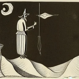 hand drawn in single line by Nicolai Blatter with hatch with parallel wavy lines metal engraving representing the Adventures of Don Quixote de la Mancha in bosch style or salvador dali style