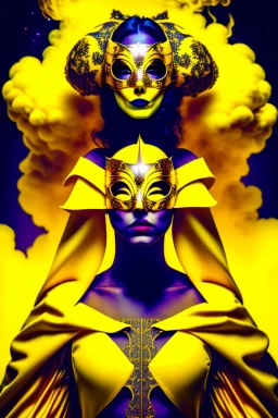 Planet Venus portrayed as a beautiful masked woman wearing medieval robes, her sihlouette is engulfed in yellow vapor and translucid fire, underneath her beauty hides a chaotic inferno of passion and violence