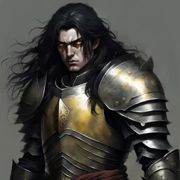 human british brute, dnd character fantasy paladin knight, weathered plate armour, guilded effects, long black hair, gloomy expression, masculine facial features, pale perfect face, yellow eyes, serious moody eyes, drawn full portrait in the style of Nobuyoshi Araki