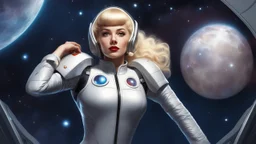 A photorealistic image of an adventurous pinup girl from the future, dressed in a tailored, full-body space suit, stands proudly beside her streamlined spaceship. Her short, untidy, blond hair with bangs. The scene is framed by a cosmic expanse of stars and nebulas.
