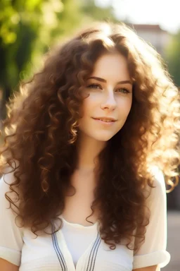 Attractive woman, long curly hair, sunny, baby,