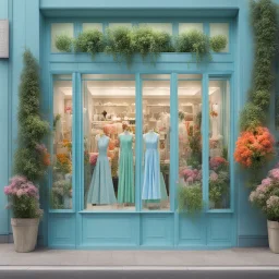 A fashion store in delicate light blue with green decorations, a large window pane with dresses in all bright colors. In front of the store on each side there is a large plant with bright, colorful flowers!No People