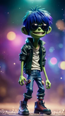 full figure portrait of Murdoc from Gorillaz with space boots flying through space glittering dust with arms folded on stage,bokeh like f/0.8, tilt-shift lens 8k, high detail, smooth render, down-light, unreal engine, prize winning