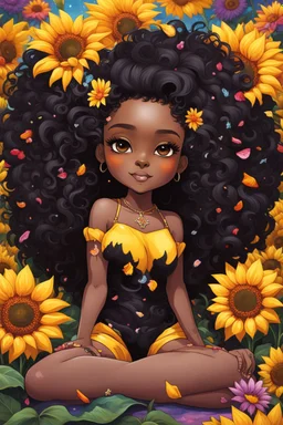 A sassy thick-lined oil painting cartoon black chibi girl lounging lazily on her side, surrounded by colorful flower petals. She is in the middle of the astrological Leo symbol with Prominent makeup. Highly detailed tightly curly black afro. Background of large yellow sunflowers surrounding her . Looking up coyly, she grins widely, showing sharp lion teeth. Her poofy hair forms a mane framing her confident, regal expression.