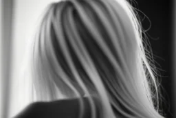Mujer rubia de espaldas, retrato primer plano., iluminada potentemente desde atrás, Imagen en blanco y negro vaporoso, al estilo de la foto del fotógrafo Hugo Alonso.