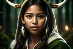 Digital art, high quality, digital masterpiece, natural illumination, realistic, action film style, (1 young peruvian girl:3), (dark brown hair:1.8), tan skin, (sexy green eyes:1.8), (Antlers on head:2.3),(tall:1.8), (White peruvian poncho:1.8), Peruvian patterns, a mountain at background, Divine shine, sunny day, (Sun in the sky:2)